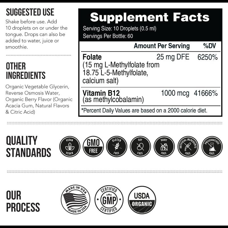 L-Methyl Folate 15mg + B12: Professional Liquid for Mood & Brain